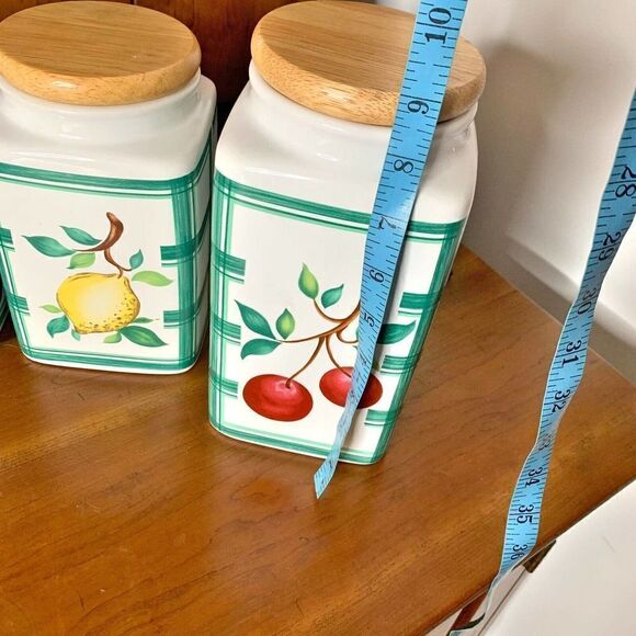 Vintage Lillian Vernon Bright Farmhouse Kitchen Fruit Canister Wood Lid Set of 4 - Picture 8 of 12